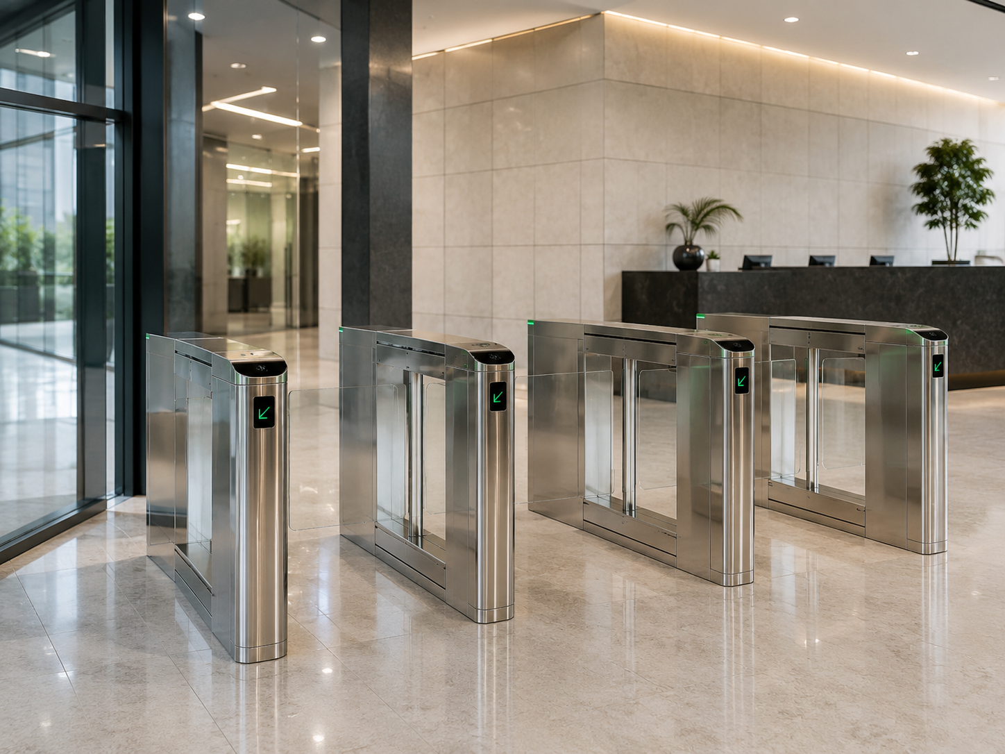 Speed gates managing entry to a modern building